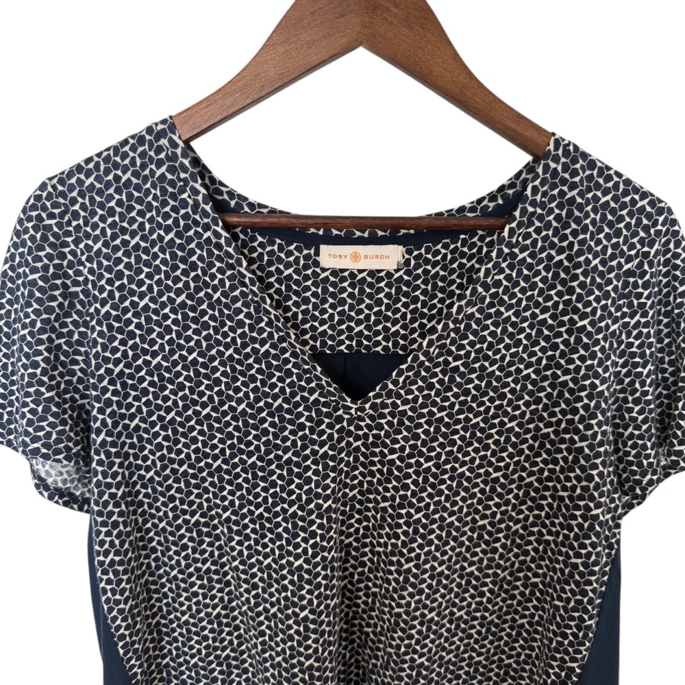 Tory Burch Tessera Top Medium Linen Silk Mixed Media V Neck Short Sleeve Blouse - Picture 3 of 8